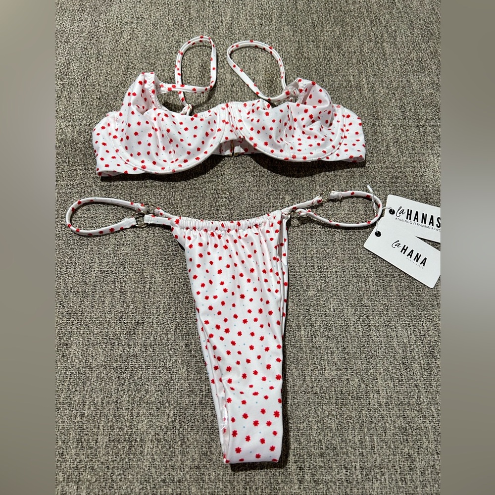 La Hana Swim bikini. Small red flower print, tags still on. L Bottoms, S top